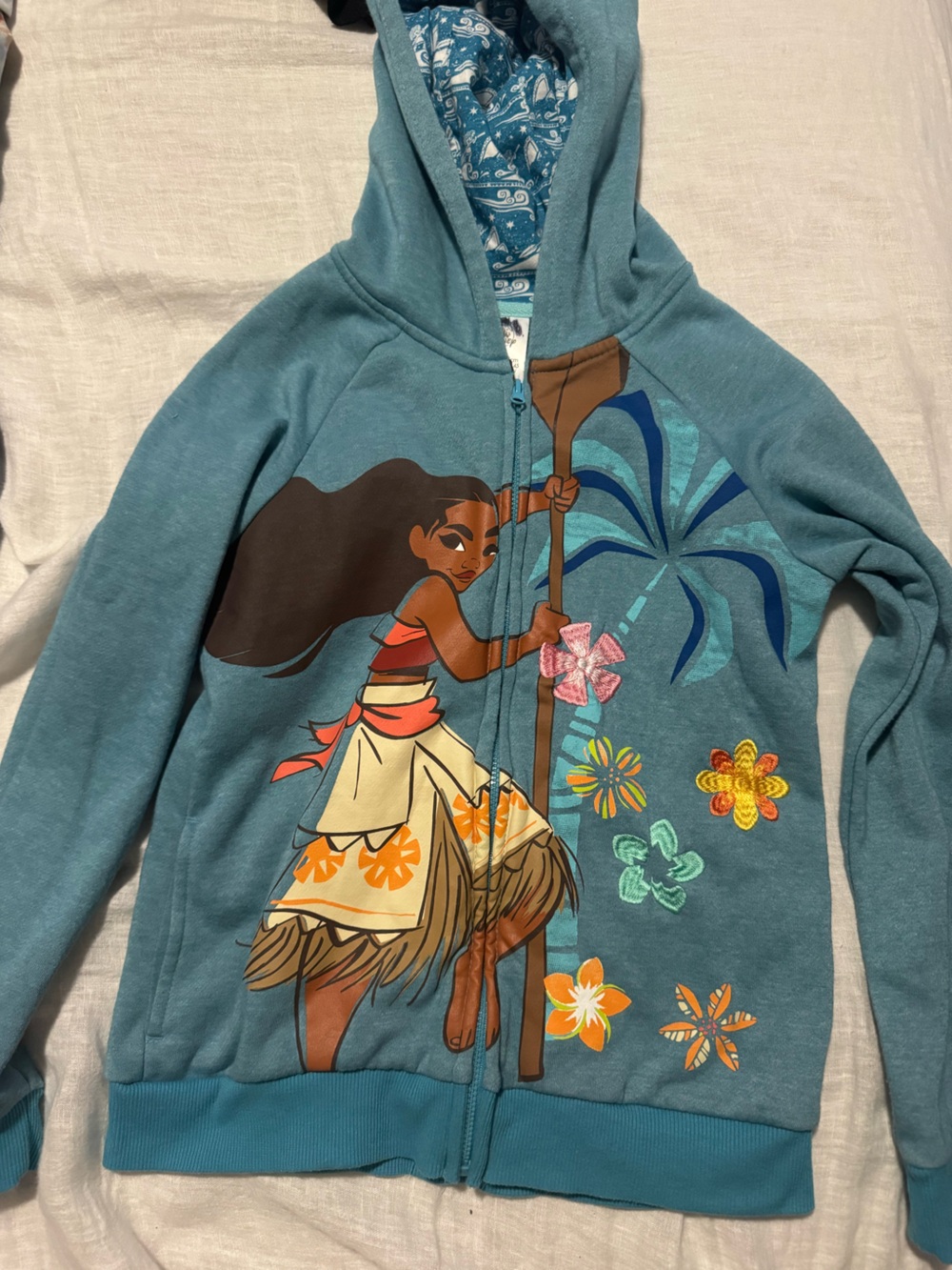 Disney Moana Embroidered Teal Zip-Up Hoodie with Brown Trim